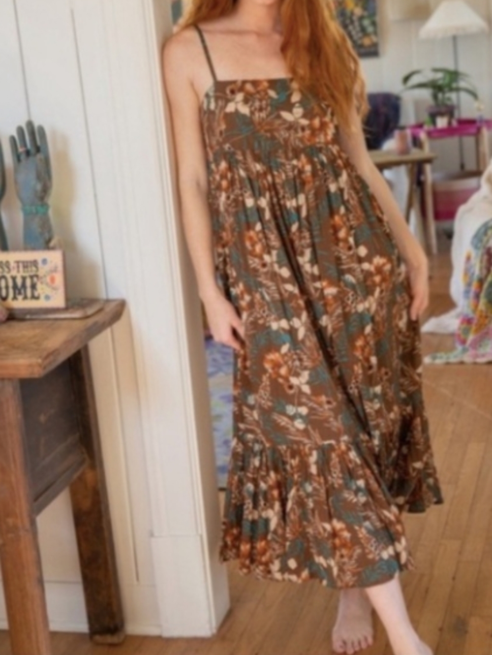 Natural Life Nina Midi Dress Sundress Espresso Floral Pattern Breezy Boho S